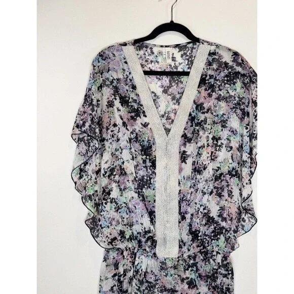 Badgley Mischka Womens Cover Up Black Abstract Sheer Beaded Blouson Swim Medium - Picture 5 of 10